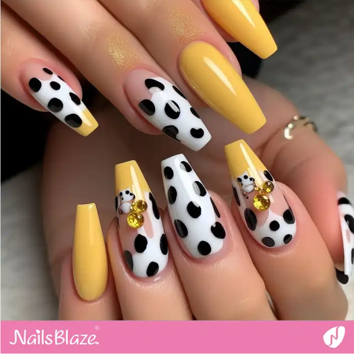 Embellished Yellow and White Dalmatian Print Nails | Animal Print Nails - NB1992